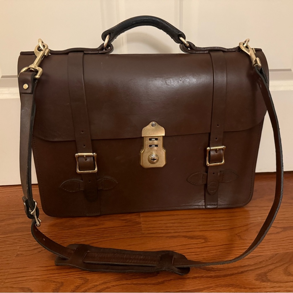 C C Filson Co Seattle Leather Brown Bridle Briefcase with strap.